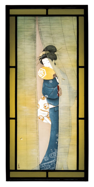 上村松園の美人画「新蛍」。簾そのものの緻密さだけでなく、そこから透けて見える体や着物、柄など、非常に緻密な仕事が見てとれる